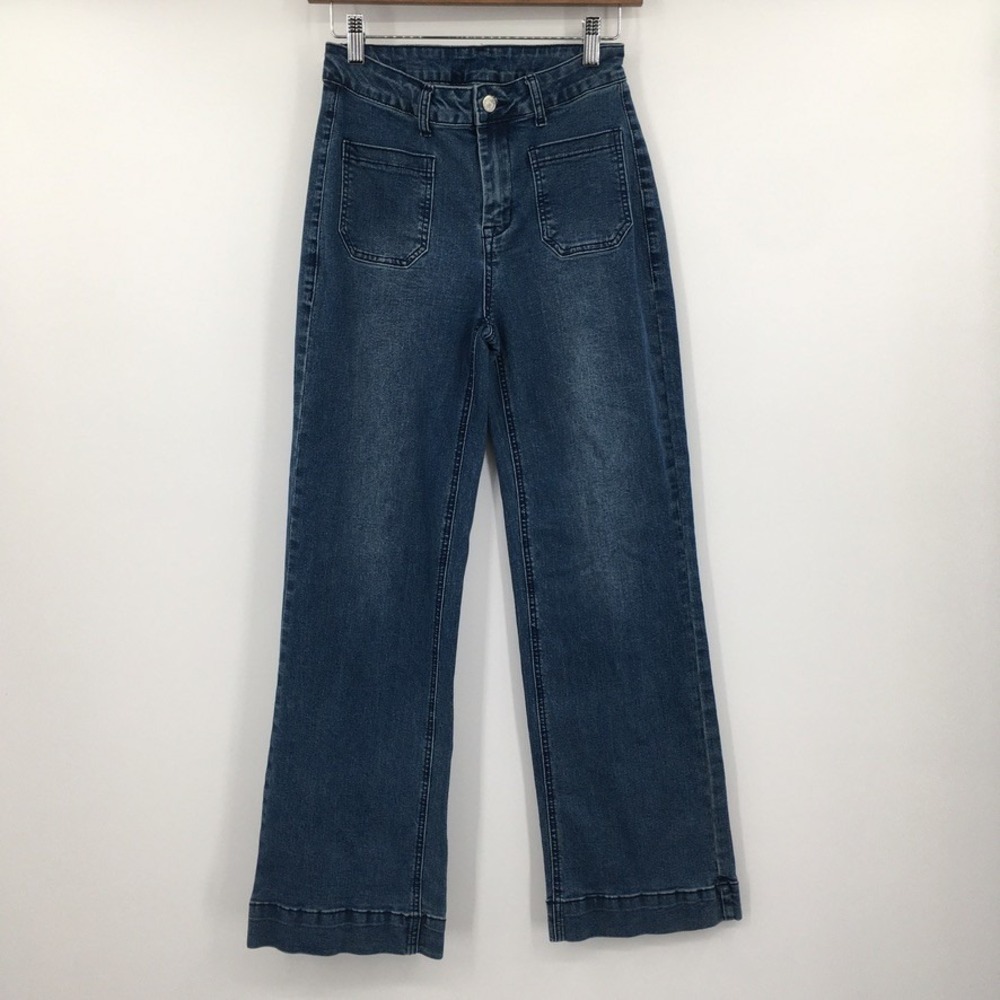 Patch Pocket Wide Leg Jeans Womens 4 Blue Denim Retro Boho Indie 1970s Western